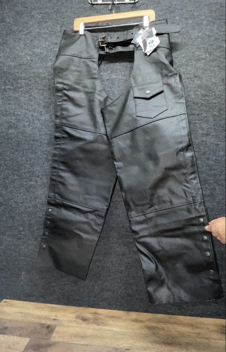 Black Leather Men's Motorcycle Riding Chaps Belted Lace Up YKK NWT Sz 42