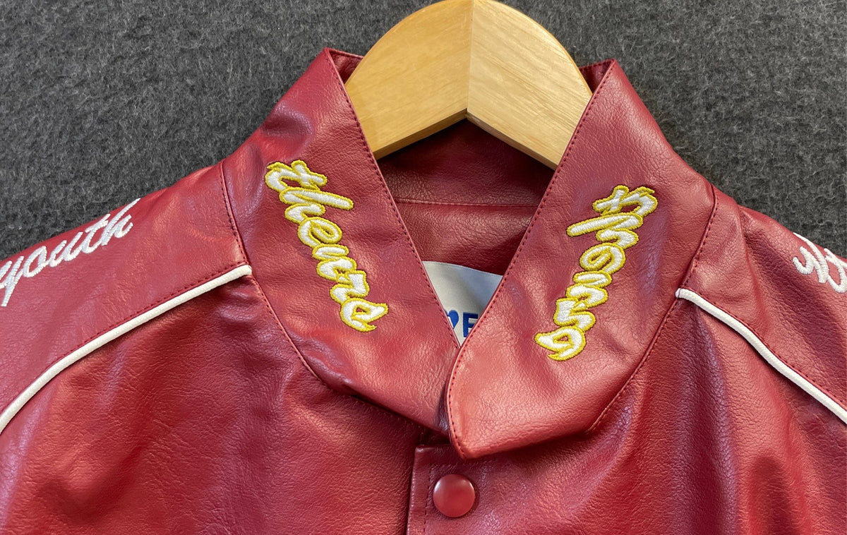 Elfric Eden Men's Faux Leather Varsity Racing Jacket Burgundy Patch NWT Sz XS