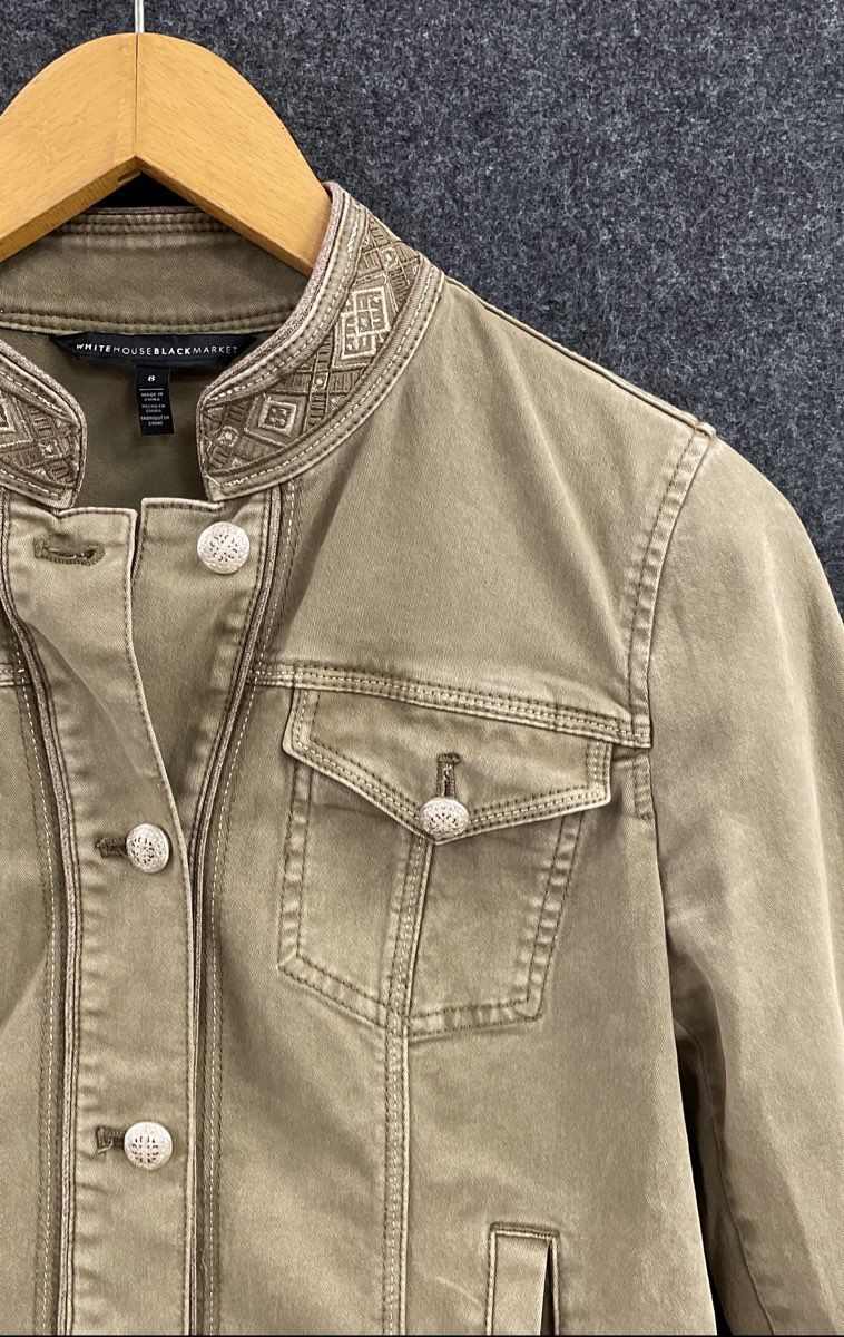 White House Black Market Women's Olive Embroidered Button Utility Jacket Sz 8
