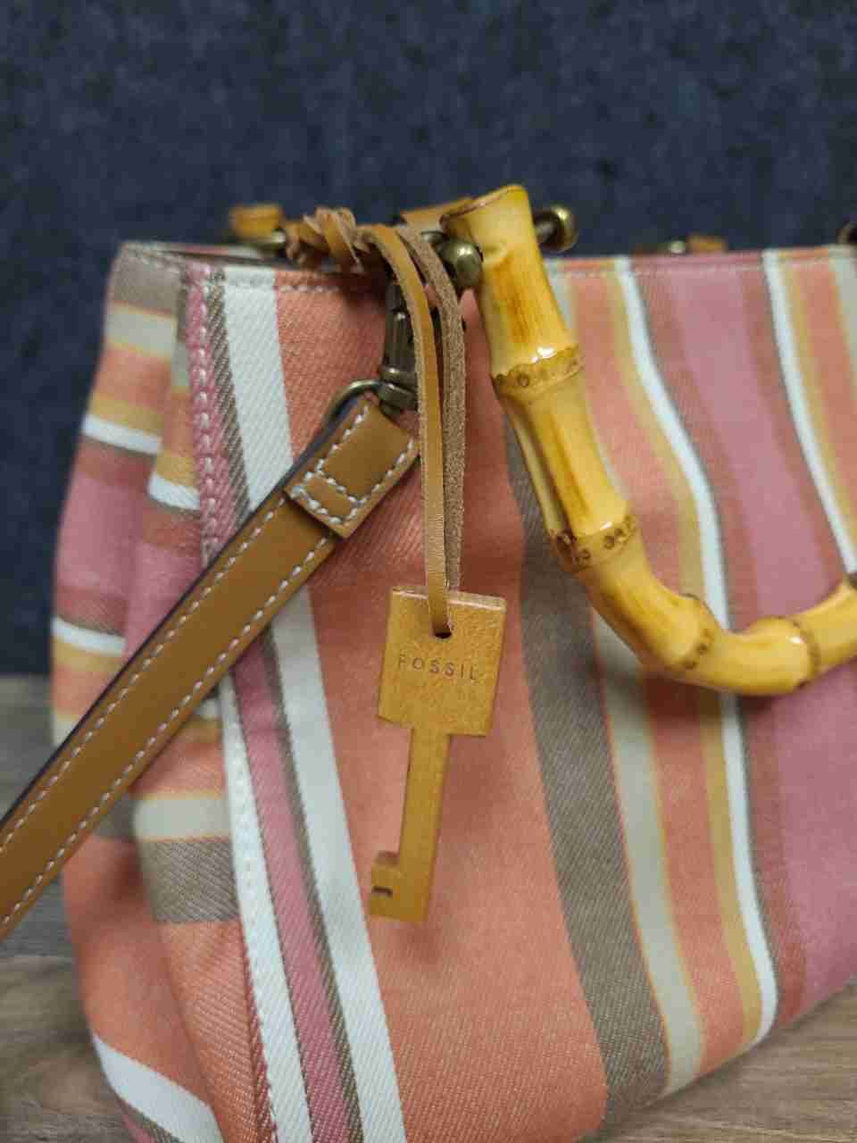 Fossil Striped Canvas Bamboo Handle Satchel Bag Pink Orange Multi-Color