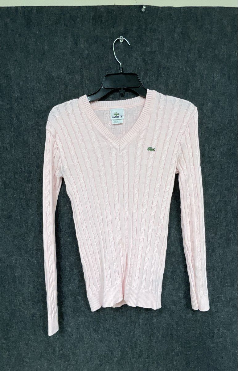 Lacoste Women's V-Neck Cable Knit Sweater Light Pink Size 6