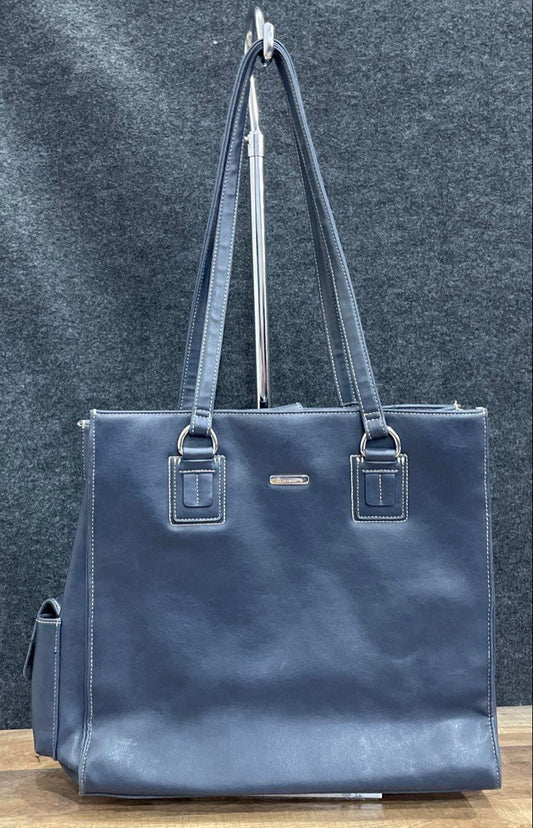 Liz Claiborne Navy Blue Leather Tote Bag Large Side Pocket Silver Hardware