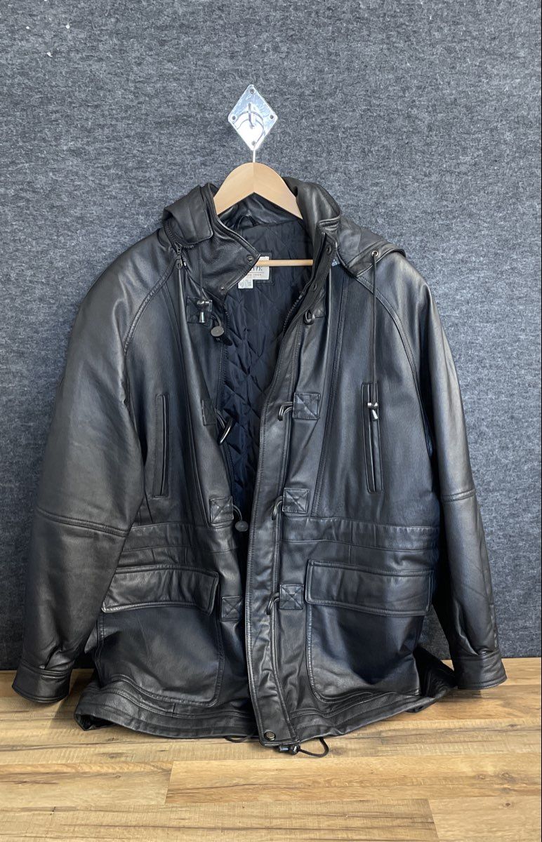 Vintage Y2K St. John's Bay Men's Black Leather Hooded Toggle Parka Coat Sz L
