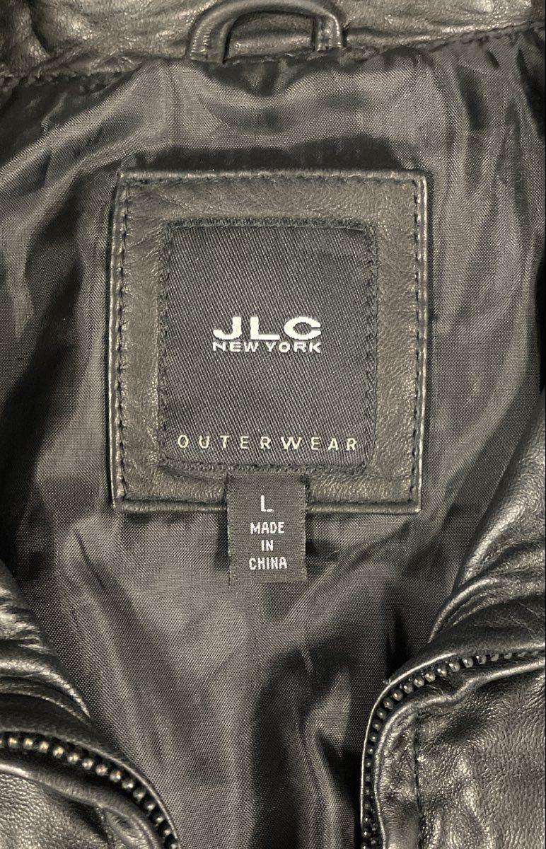 JLC New York Women's Black Leather Jacket Full Zip Drawstring Waist Sz L
