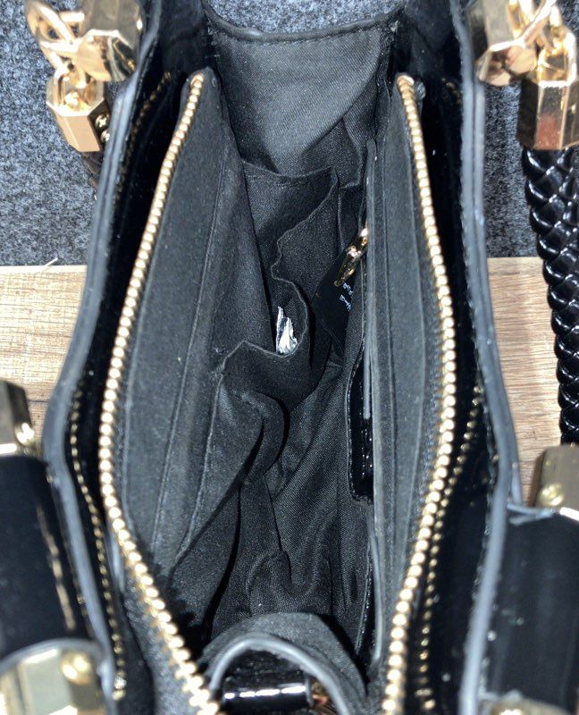 Bebe Black Patent Embossed Logo Satchel Handbag Gold Tone Hardware