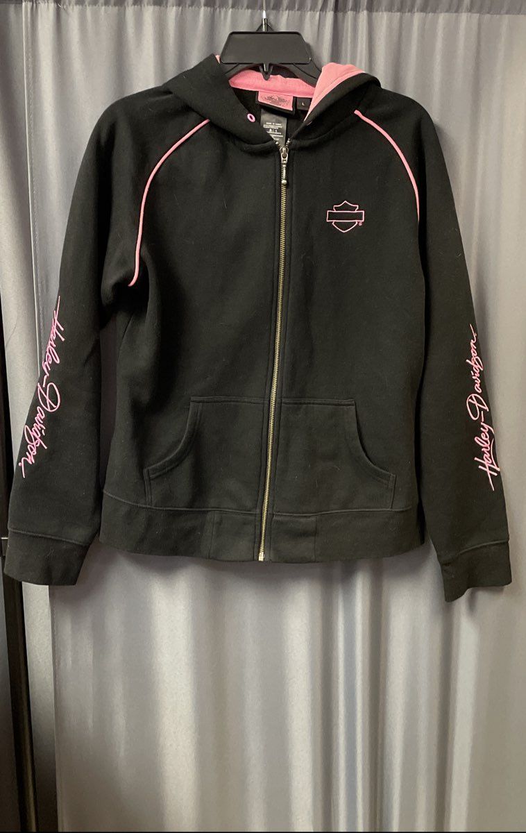 Vintage Harley-Davidson Embroidered Zip Up Hoodie Black Pink Sz L