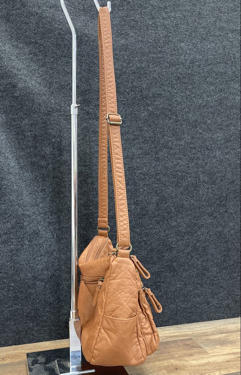 Bueno Brown Leather Multi-Pocket Crossbody Shoulder Bag Bronze Hardware