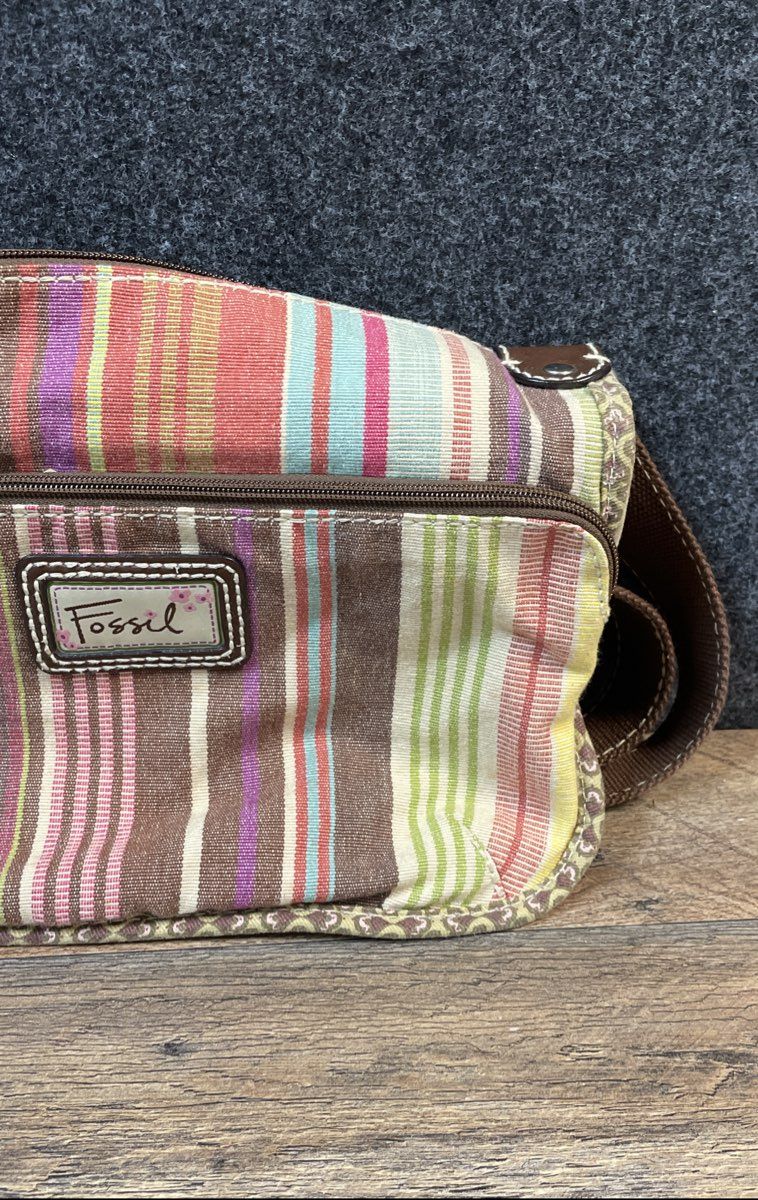 Fossil Multicolor Striped Canvas Crossbody Bag Brown Trim Medium