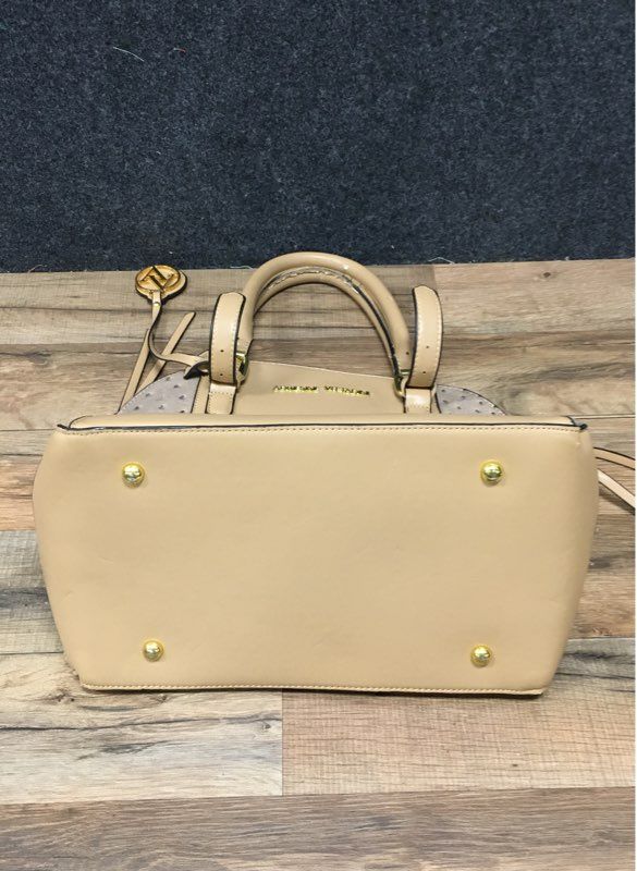 Adrienne Vittadini Beige Ostrich Embossed Satchel Handbag Gold Hardware