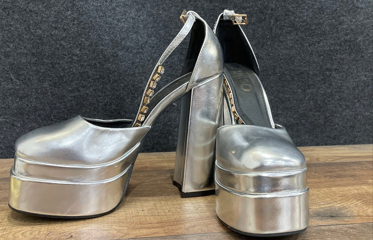 Ego So Scandalous Silver Metallic Double Platform Block Heel Sandals Size UK 7