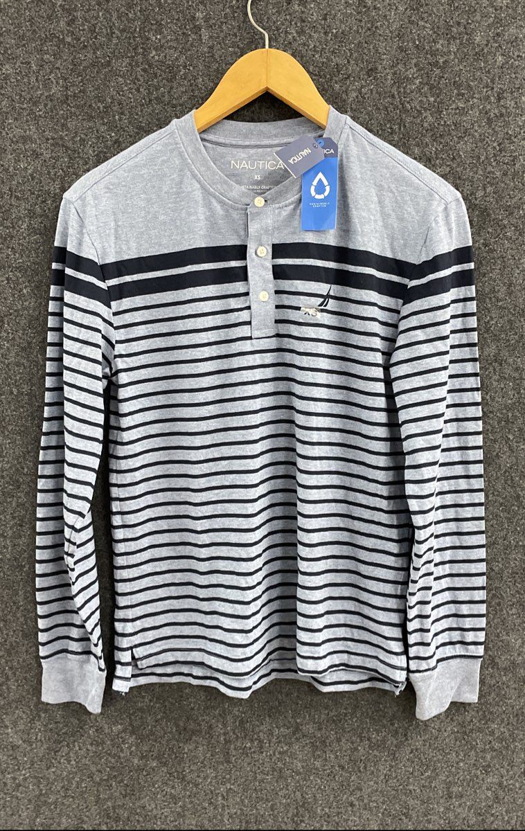 Nautica Men's Long Sleeve Henley Gray Navy Striped NWT Sustainably Crafted Sz XS