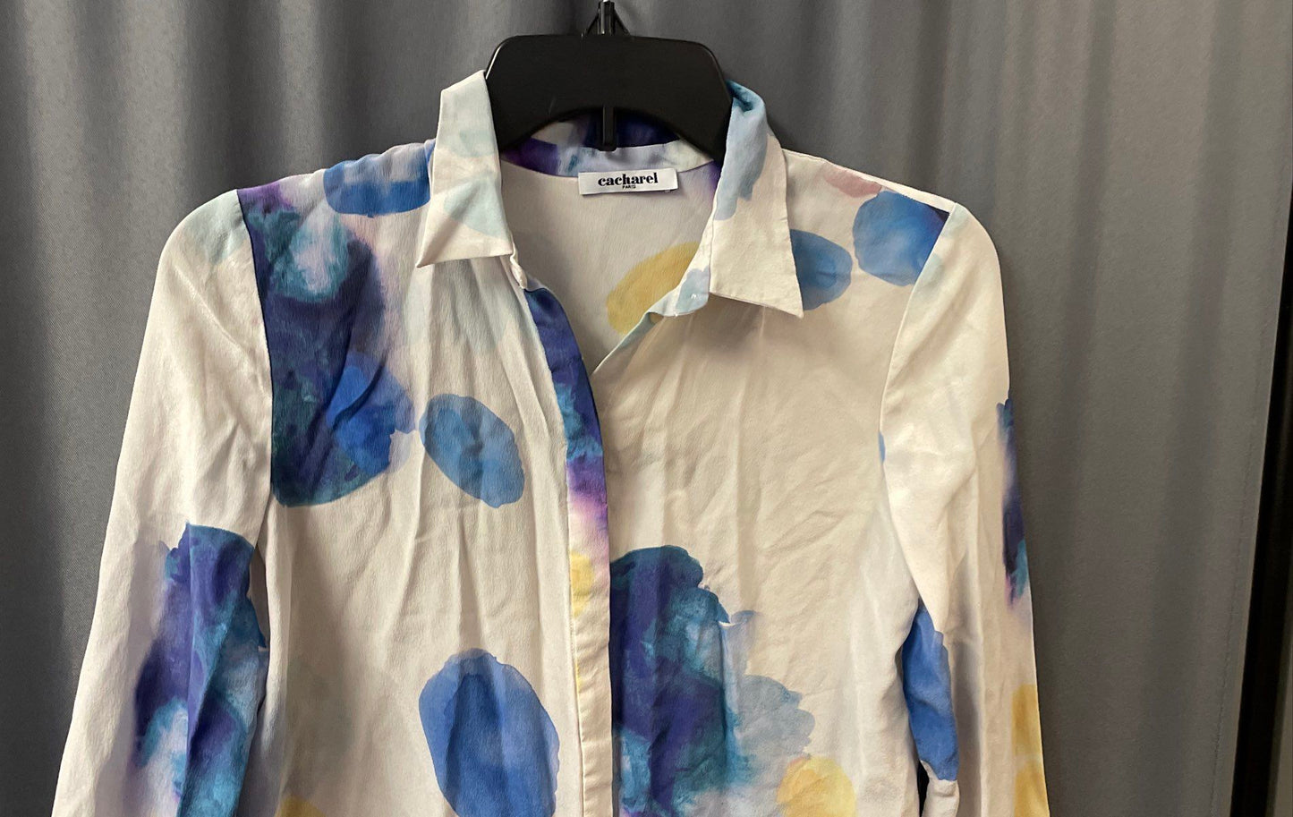 Cacharel Women's White Multicolor Silk Watercolor Abstract Blouse Shirt Sz 36