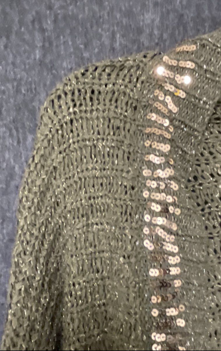 Chico's Women's Olive Green Metallic Sequin Trim Open Front Cardigan Sz 3