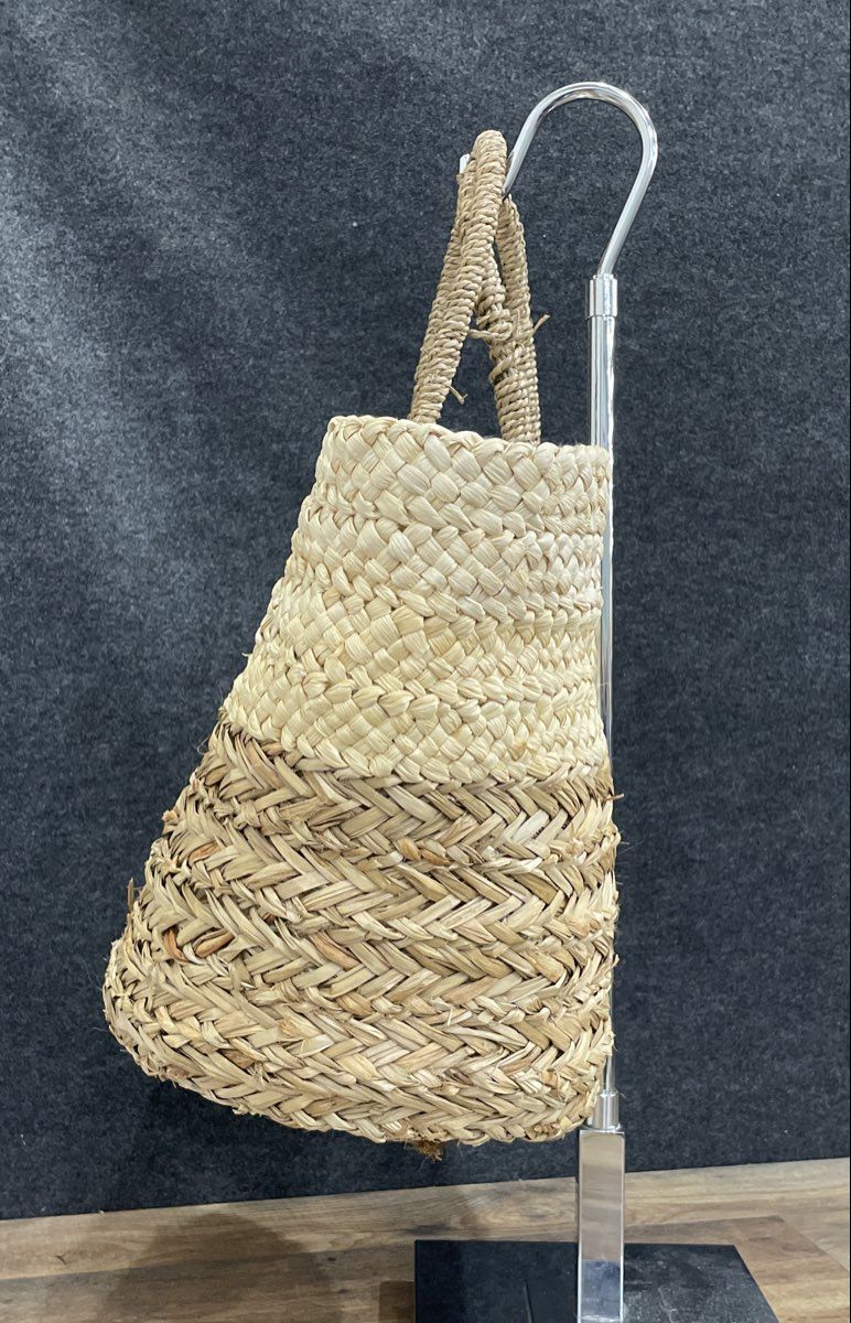 Unbranded Cream Brown Two-Tone Woven Wooden Design Straw Basket Tote Bag