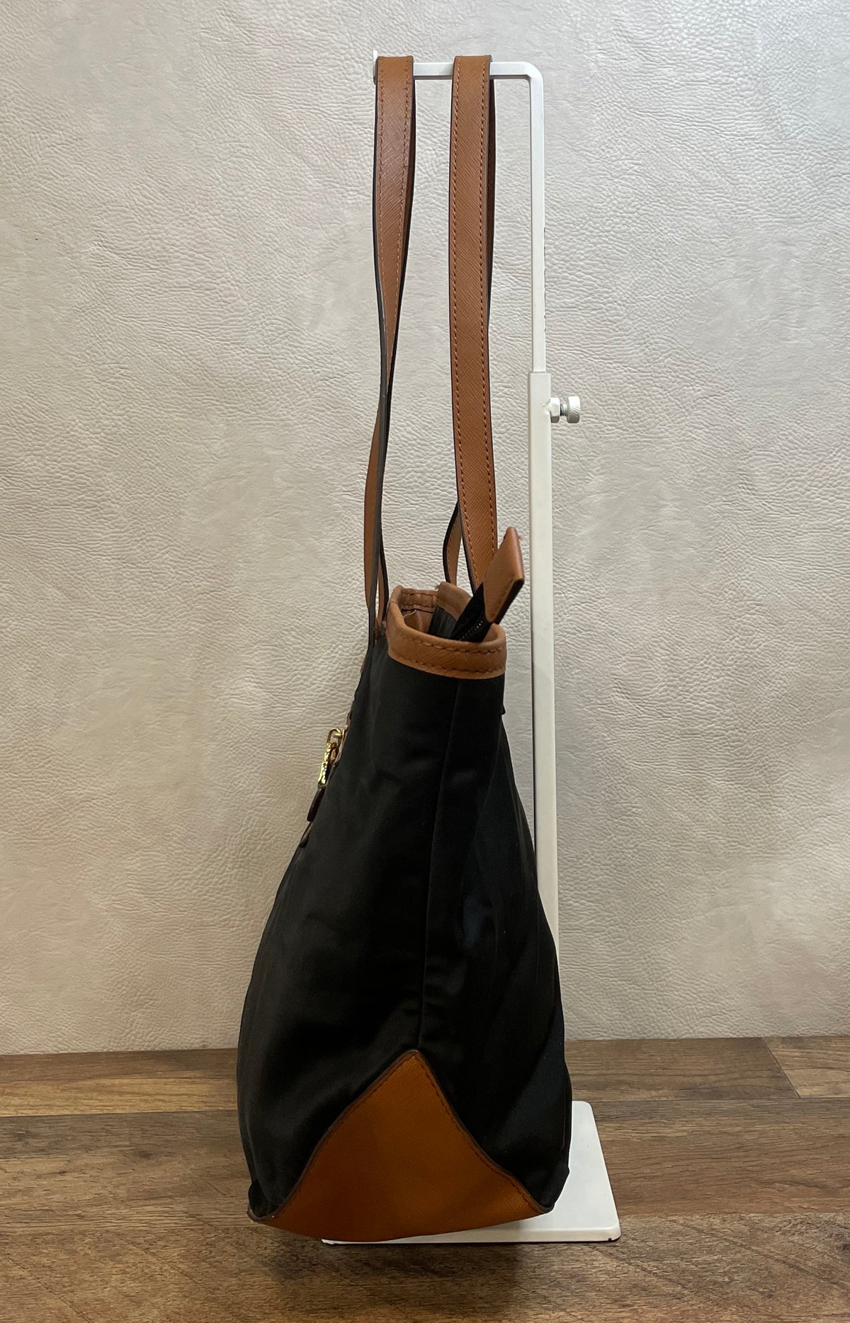 Michael Kors Black Nylon Brown Leather Tote Bag with Tan Wallet Gold HW