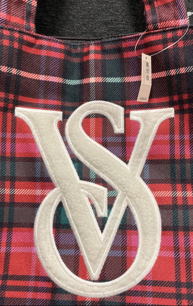 Victoria's Secret Red Plaid Sherpa Trim VS Logo Tote Bag NWT