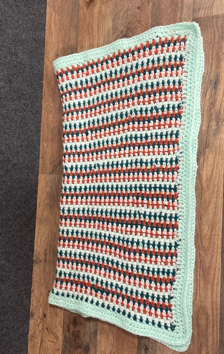 Handmade Crochet Block Stitch Baby Blanket Stripes Mint Orange White Teal