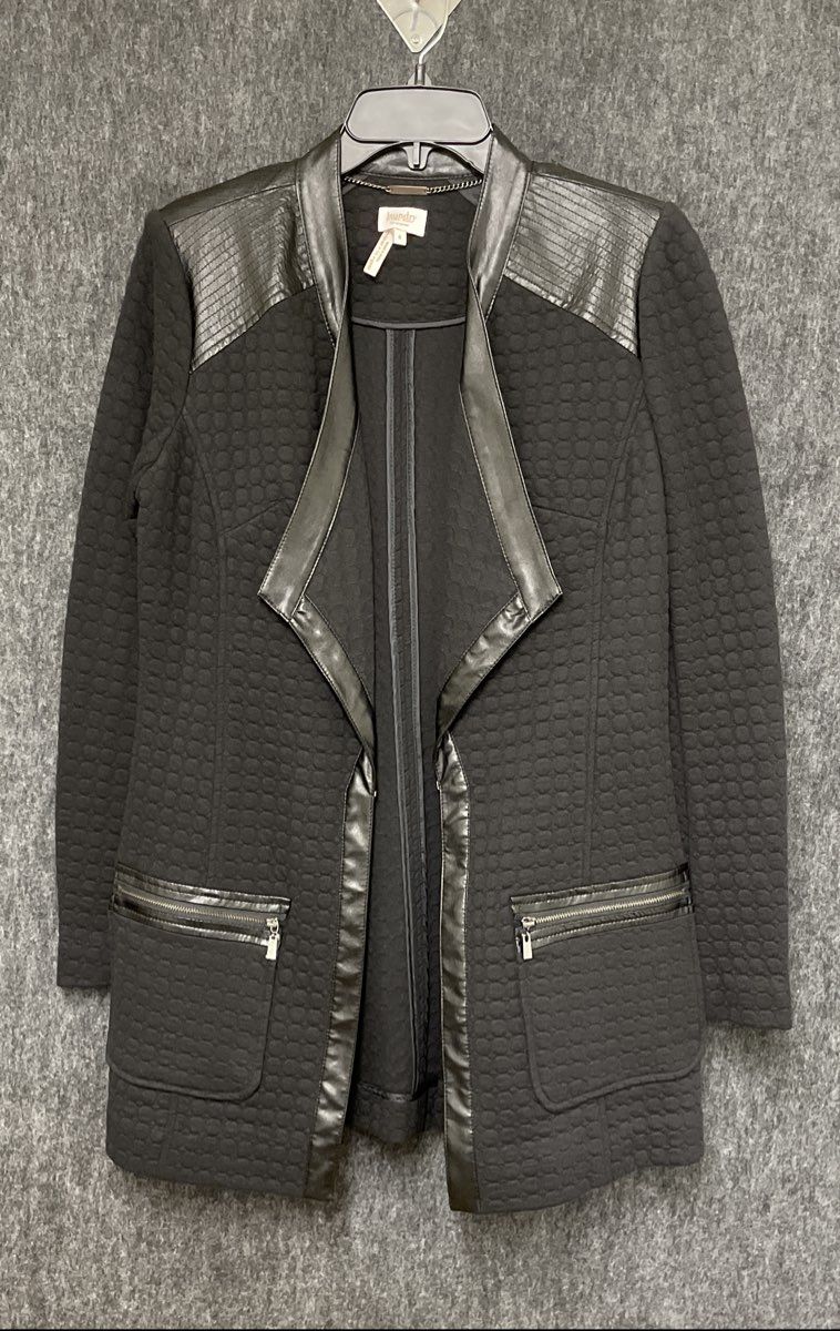 Laundry by Shelli Segal Women's Black Faux Leather Trim Quilted Open Jacket Sz 8