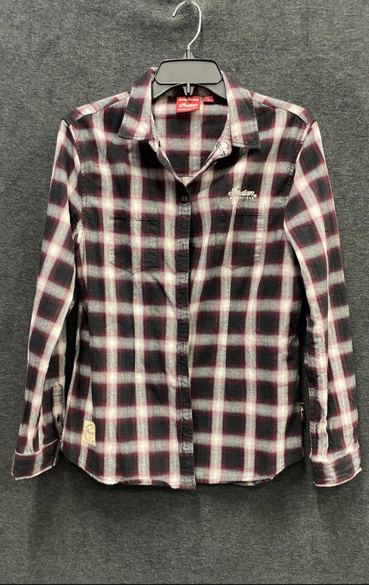 Indian Motorcycle Women's Plaid Flannel Shirt Red Black Embroidered Sz L
