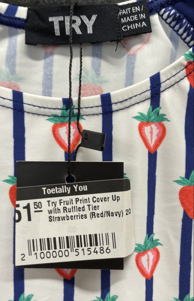 TRY Women's Strawberry Striped Fruit Print Cover Up Ruffled Dress Sz 20 NWT
