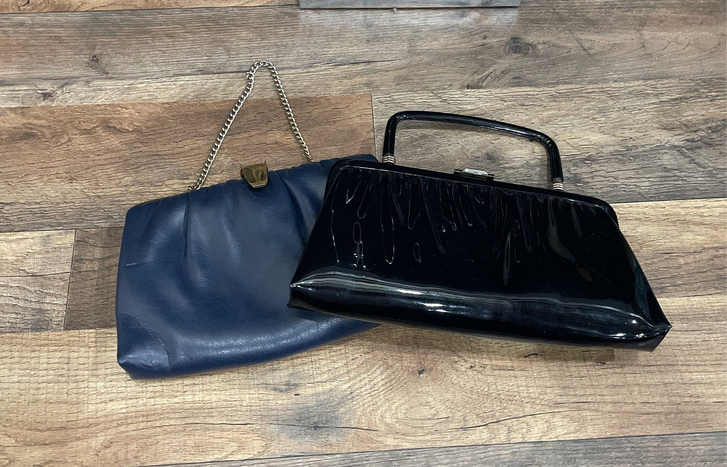 Vintage 60s Ande Navy Blue & Black Patent Clutch Handbag Purse Lot of 2
