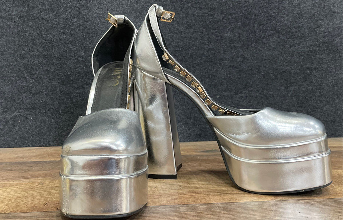 Ego So Scandalous Silver Metallic Double Platform Block Heel Sandals Size UK 7