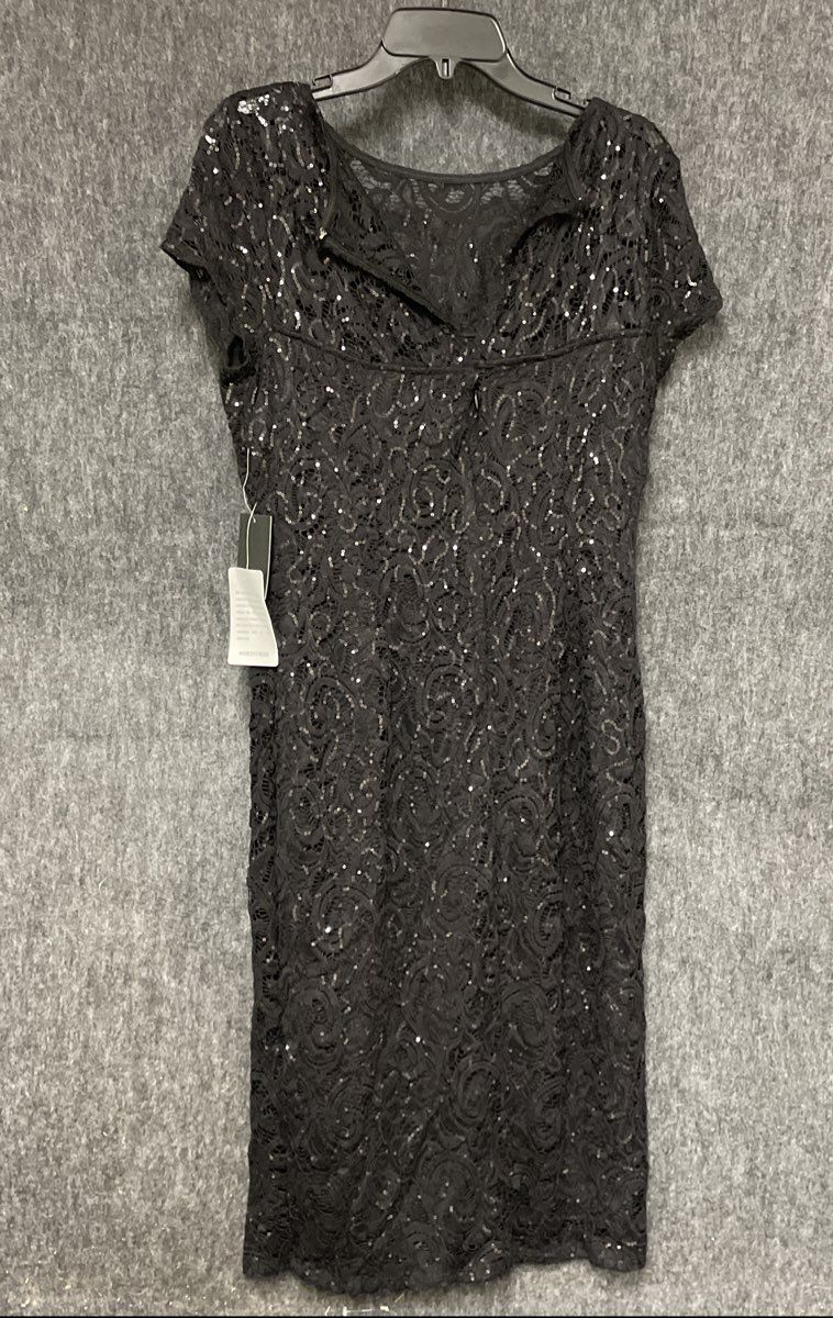 Marina Women's Black Lace Sequin Cap Sleeve Midi Sheath Dress Sz L NWT