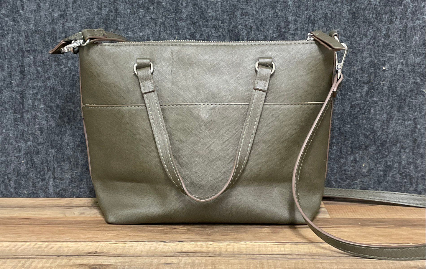 Anne Klein Olive Green Saffiano Textured Tote Bag Crossbody Silver Hardware