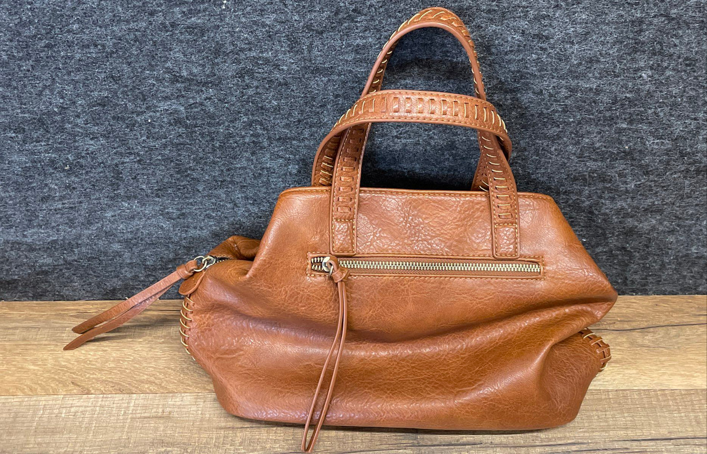 Antik Kraft Brown Faux Leather Whipstitch Detail Satchel Handbag Purse