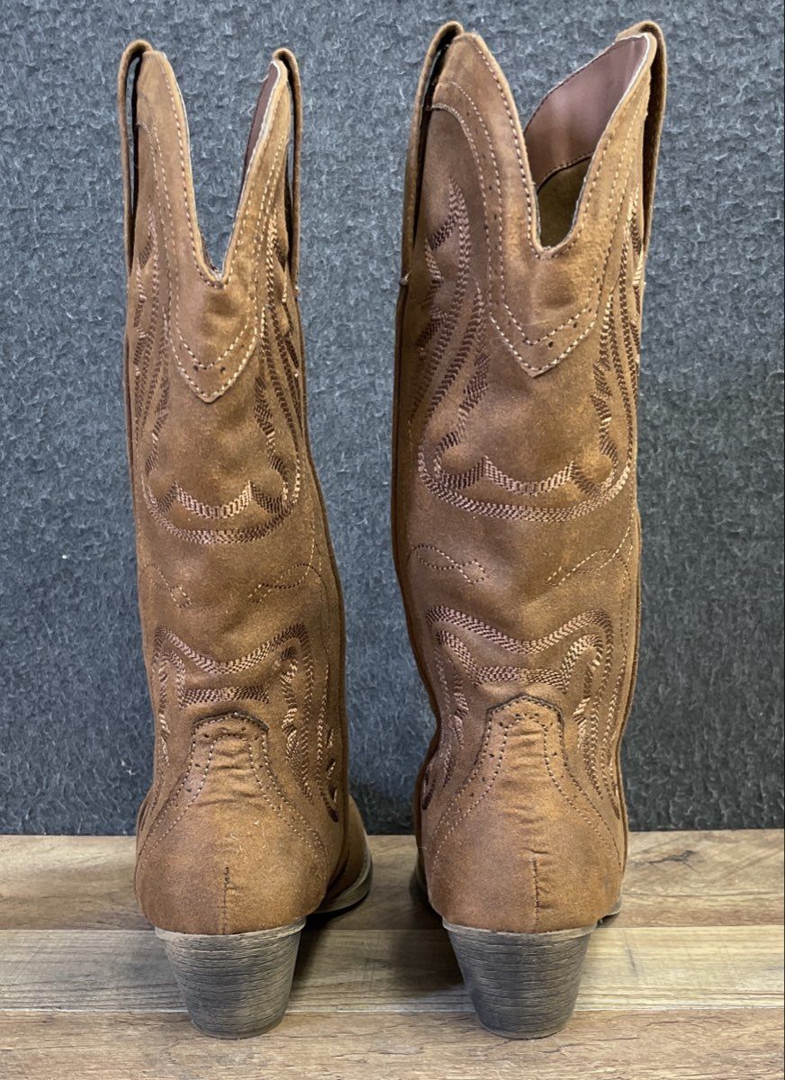 Celia Women's Brown Western Cowboy Boots Embroidered Mid-Calf Pointed Toe