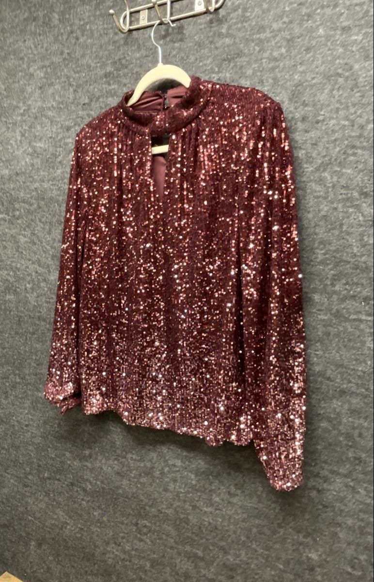 Cable & Gauge Women's Burgundy Mock Neck Sequin Keyhole Long Sleeve Top Sz XL