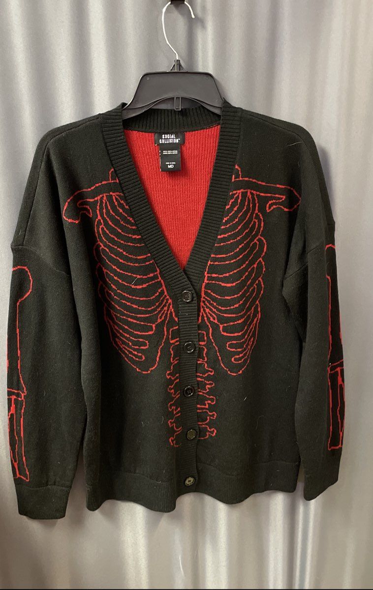 Social Collision Men's Black Red Rib Cage Cardigan Sweater Sz MD