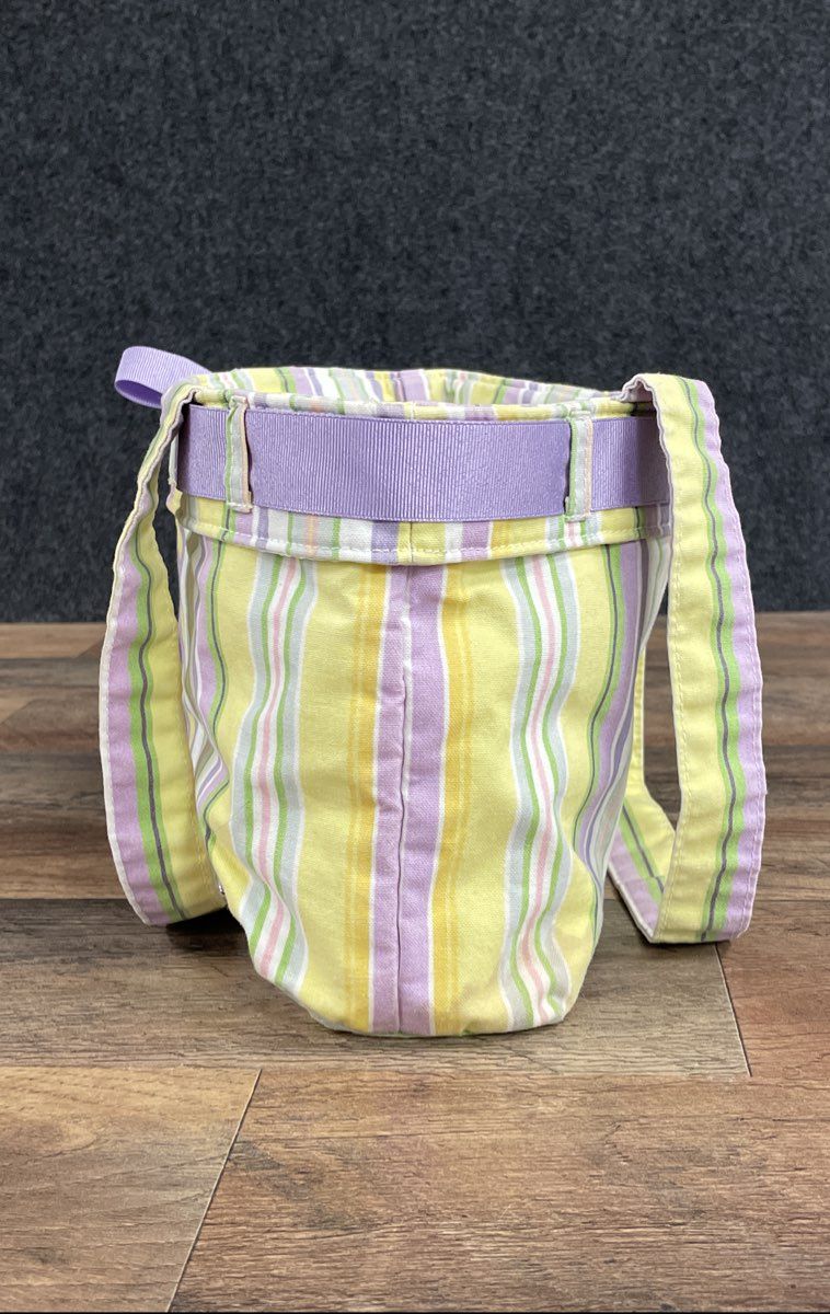 Longaberger Purple Yellow Striped Canvas Fabric Tote Bag Small Ribbon Bow