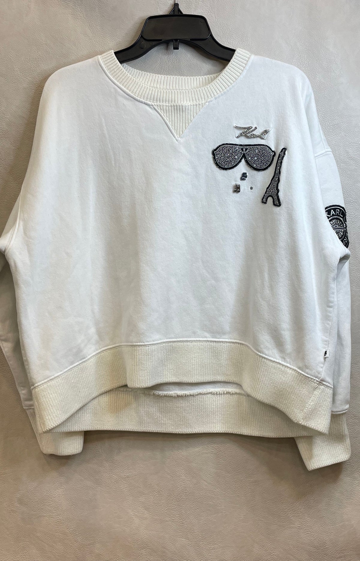 Karl Lagerfeld Paris Women's White Embellished Eiffel Tower Sweatshirt Sz L