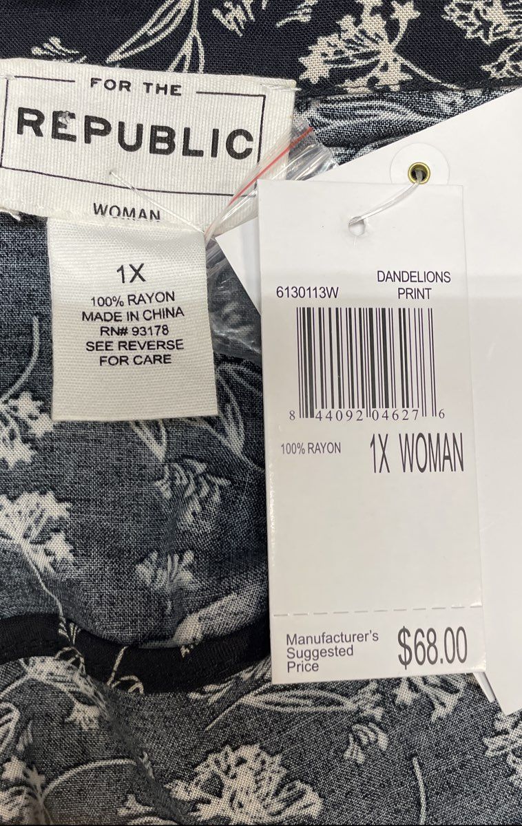 For the Republic Women's Black Dandelion Print Tiered Shirt Dress Size 1X NWT