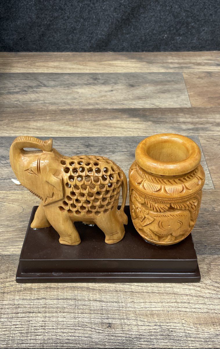 Carved Wood Elephant Figurine Lot Jali Lattice Work & Pot on Base Vintage 2pc