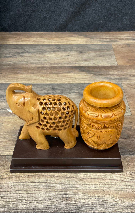 Carved Wood Elephant Figurine Lot Jali Lattice Work & Pot on Base Vintage 2pc