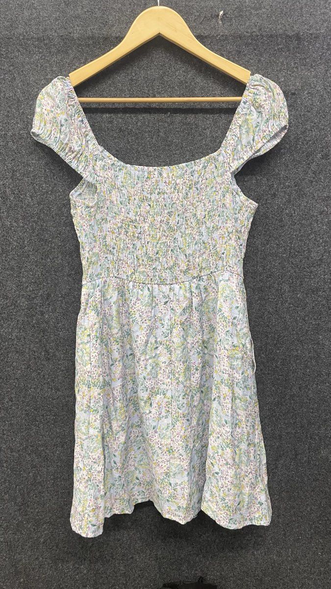 Lily Rose Women's Blue Floral Smocked Bodice Puff Sleeve Mini Dress Size M