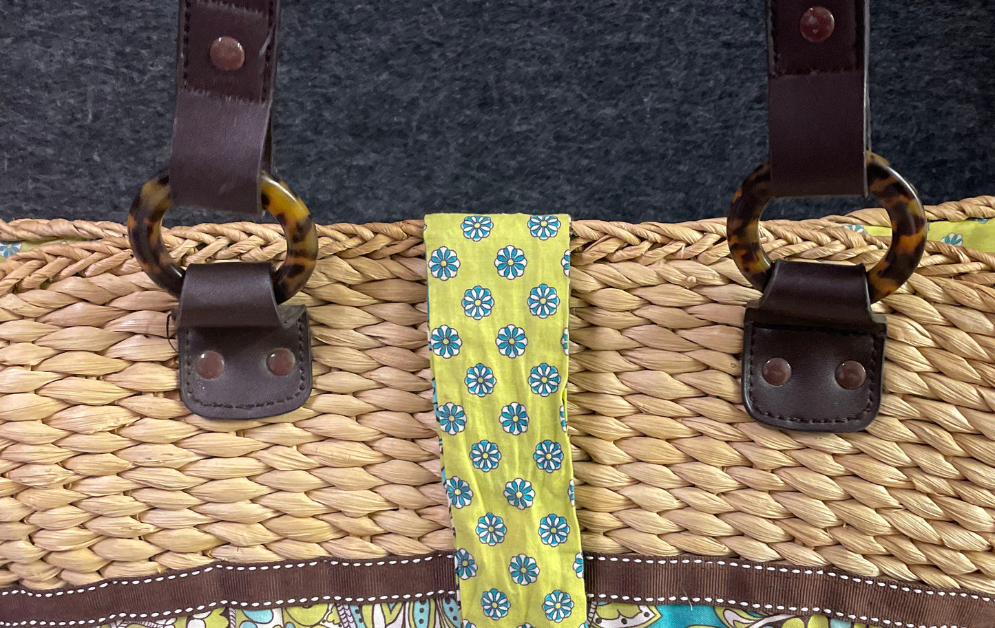 Vera Bradley Woven Straw Paisley Fabric Tote Bag Teal Green Large Shoulder Bag