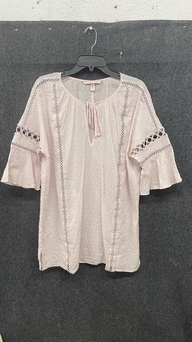 Victoria's Secret Women's Pink Boho Tunic Blouse Lace Trim Swiss Dot Sz M