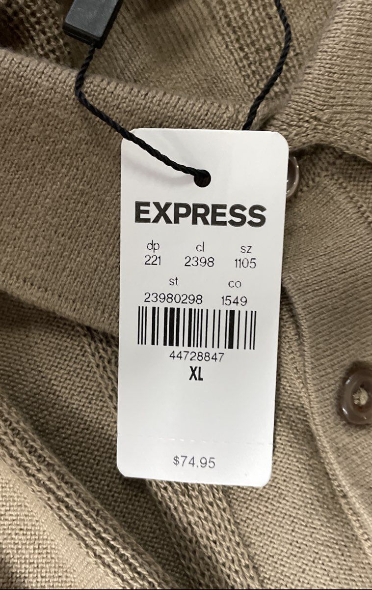 Express Men's Brown Ribbed Cotton Long Sleeve Polo Sweater Shirt Sz XL NWT