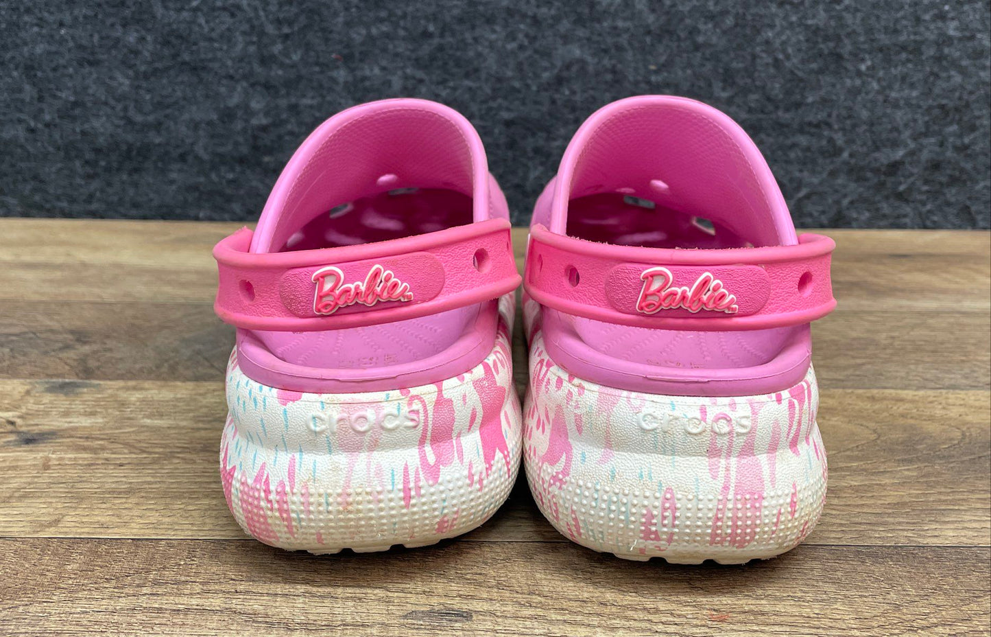 Crocs Barbie Classic Clog Pink White Patterned Sole with Charms Youth Size J4