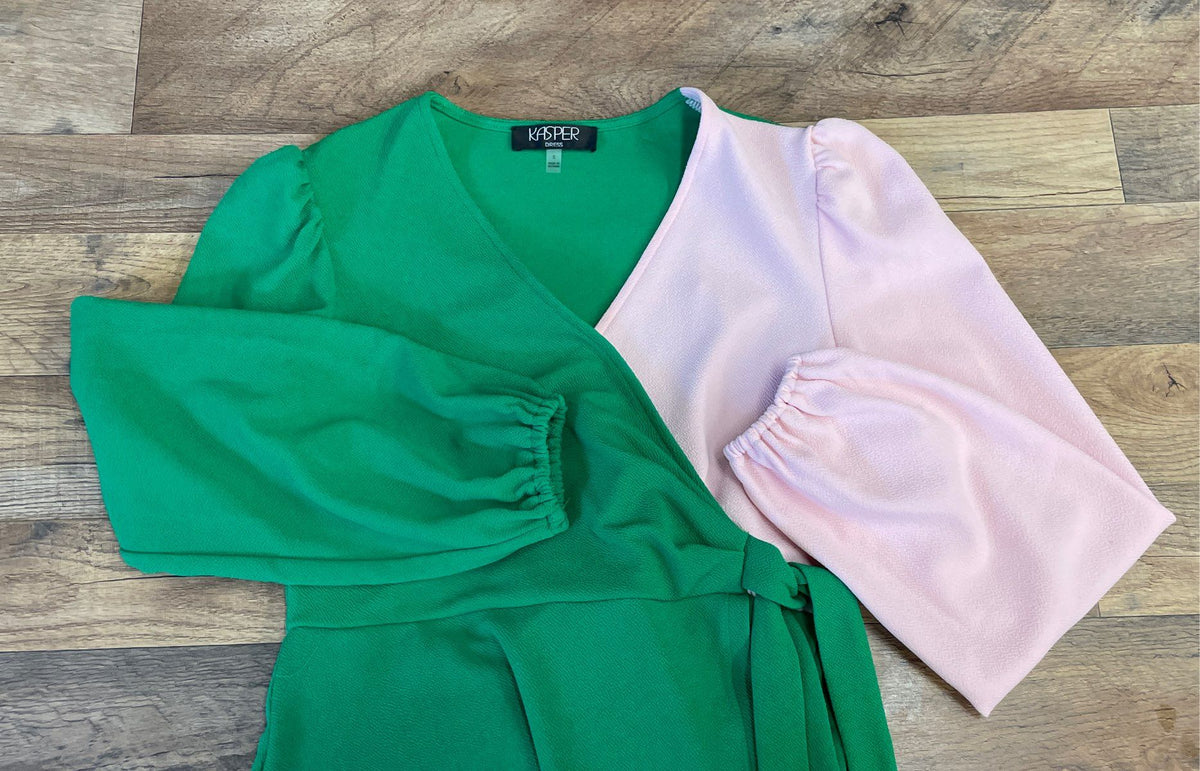 Kasper Women's Green Pink Two Tone Faux Wrap Long Sleeve V-Neck Dress Sz S