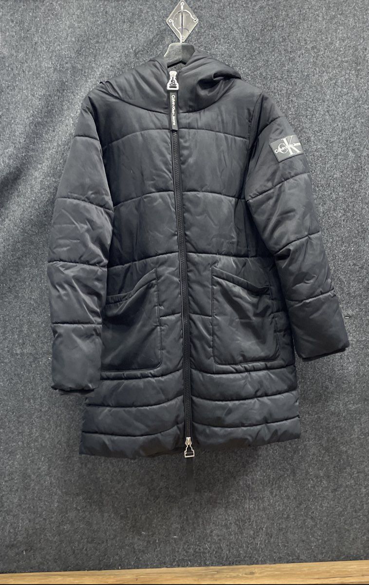 Calvin Klein Jeans Women's Black Long Hooded Puffer Coat Jacket Repreve Sz S