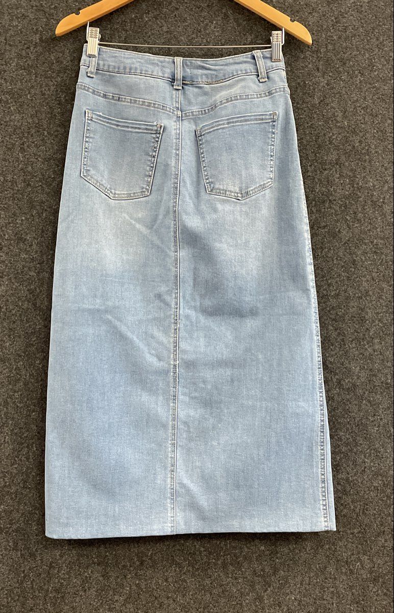 OAT New York Women's Light Wash Denim Midi Skirt Front Slit High Rise Sz 2/26