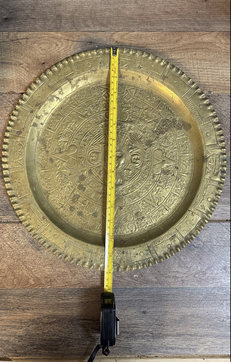 Vintage Brass Aztec Sun Stone Calendar Wall Hanging Platter Tray 14"