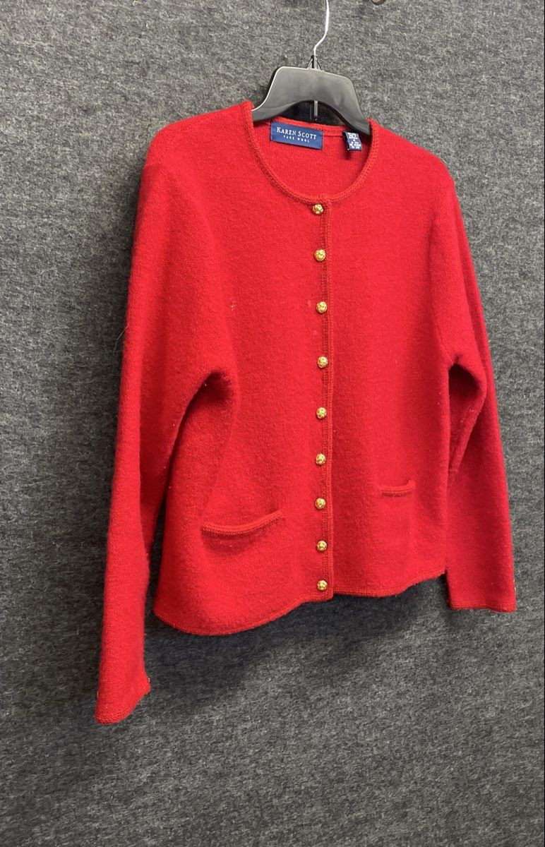 Vintage 90s Karen Scott Women's Red Pure Wool Cardigan Gold Crest Buttons Sz M