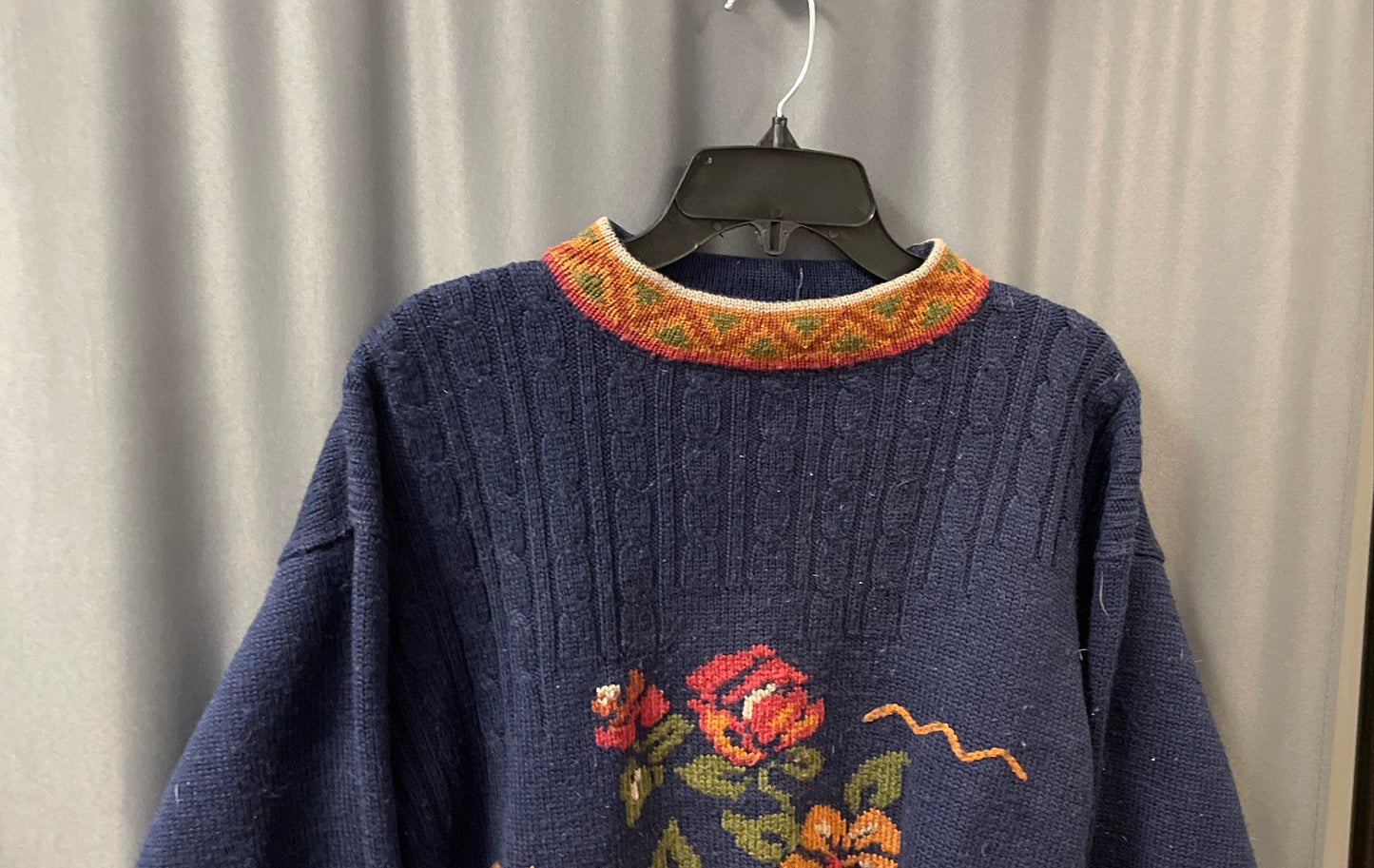 Vintage 90s Together! Blue Floral Cable Knit Wool Blend Sweater Sz M