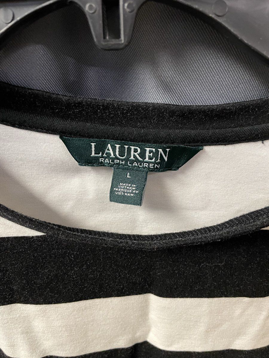 Lauren Ralph Lauren Women's Black White Striped Ruffle Sleeve Blouse Sz L