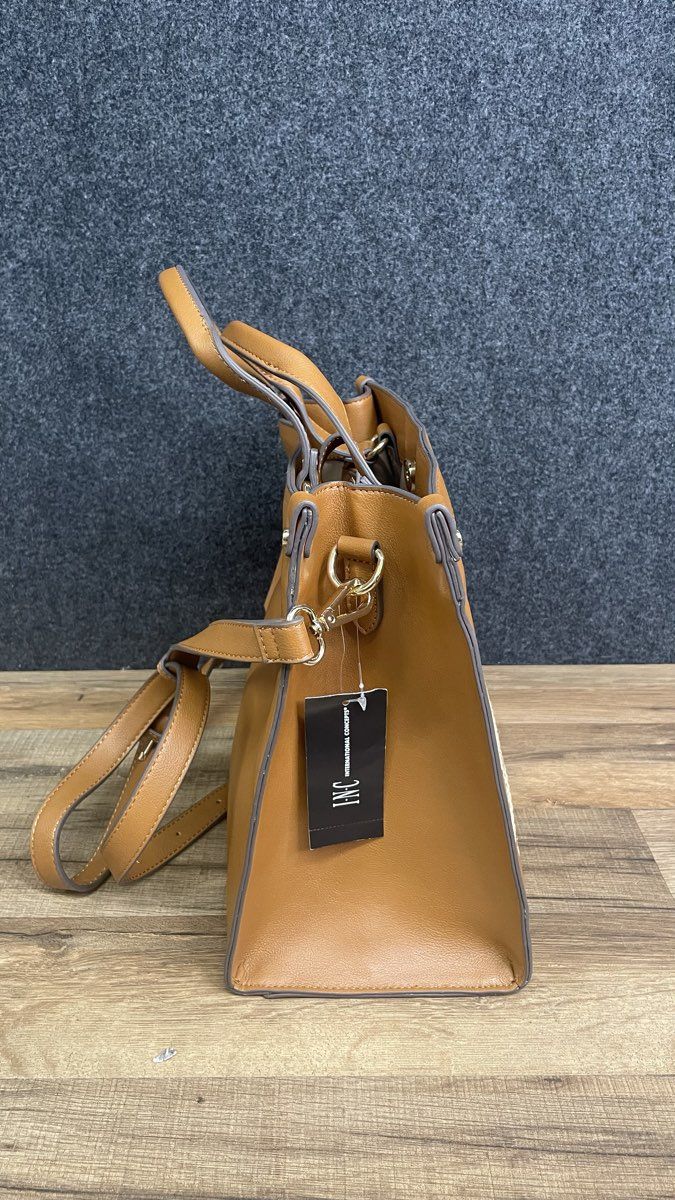 INC International Concepts Tan Caitlinn Woven Tote Handbag Gold Hardware NWT